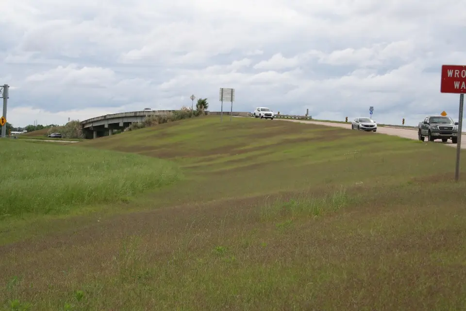 Managed overpass roadside turf intersecting with unmanaged interstate roadside turf.